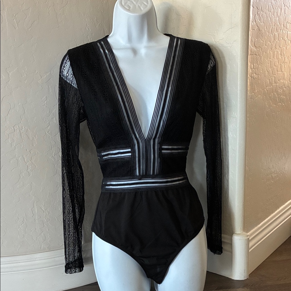 Lulus Black Sheer Long Sleeve Sexy Bodysuit size S